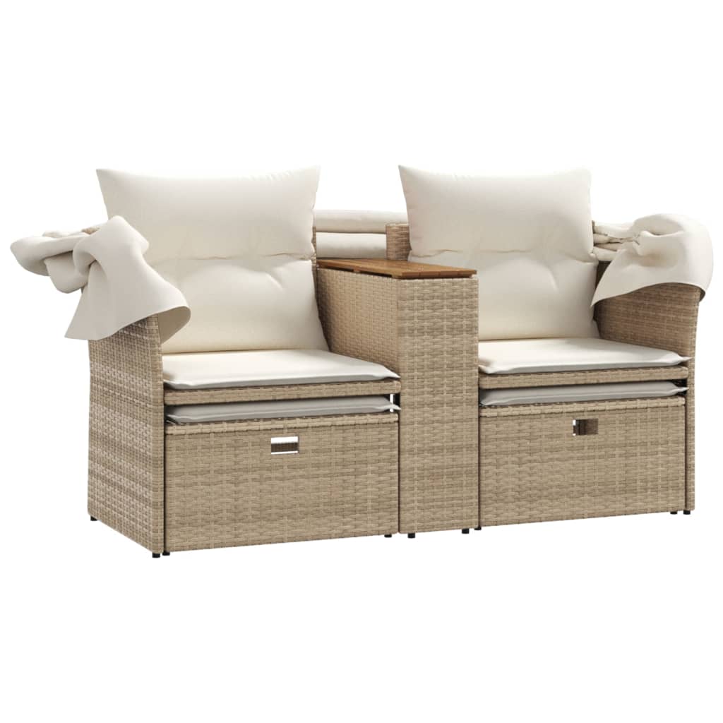 Garden Sofa 2-Seater with Roof and Stools Beige Poly Rattan