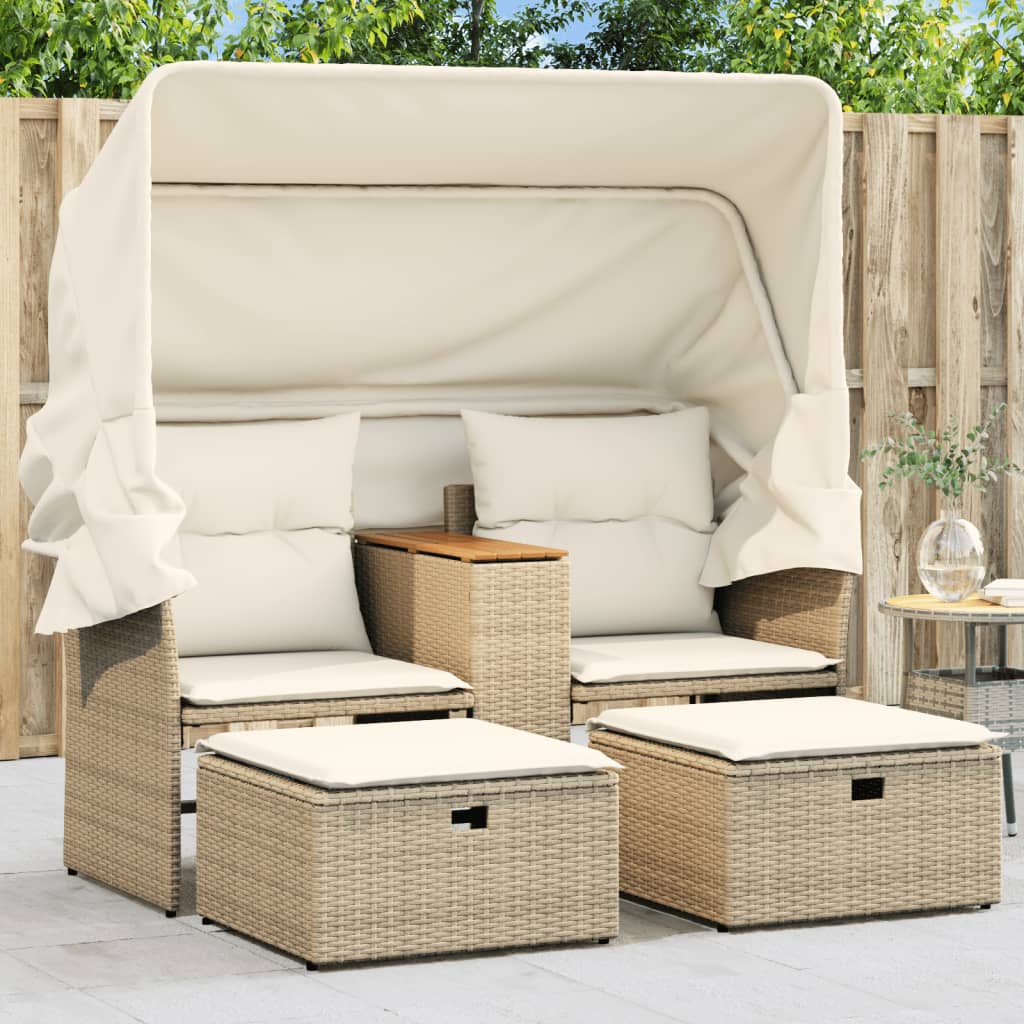 Garden Sofa 2-Seater with Roof and Stools Beige Poly Rattan
