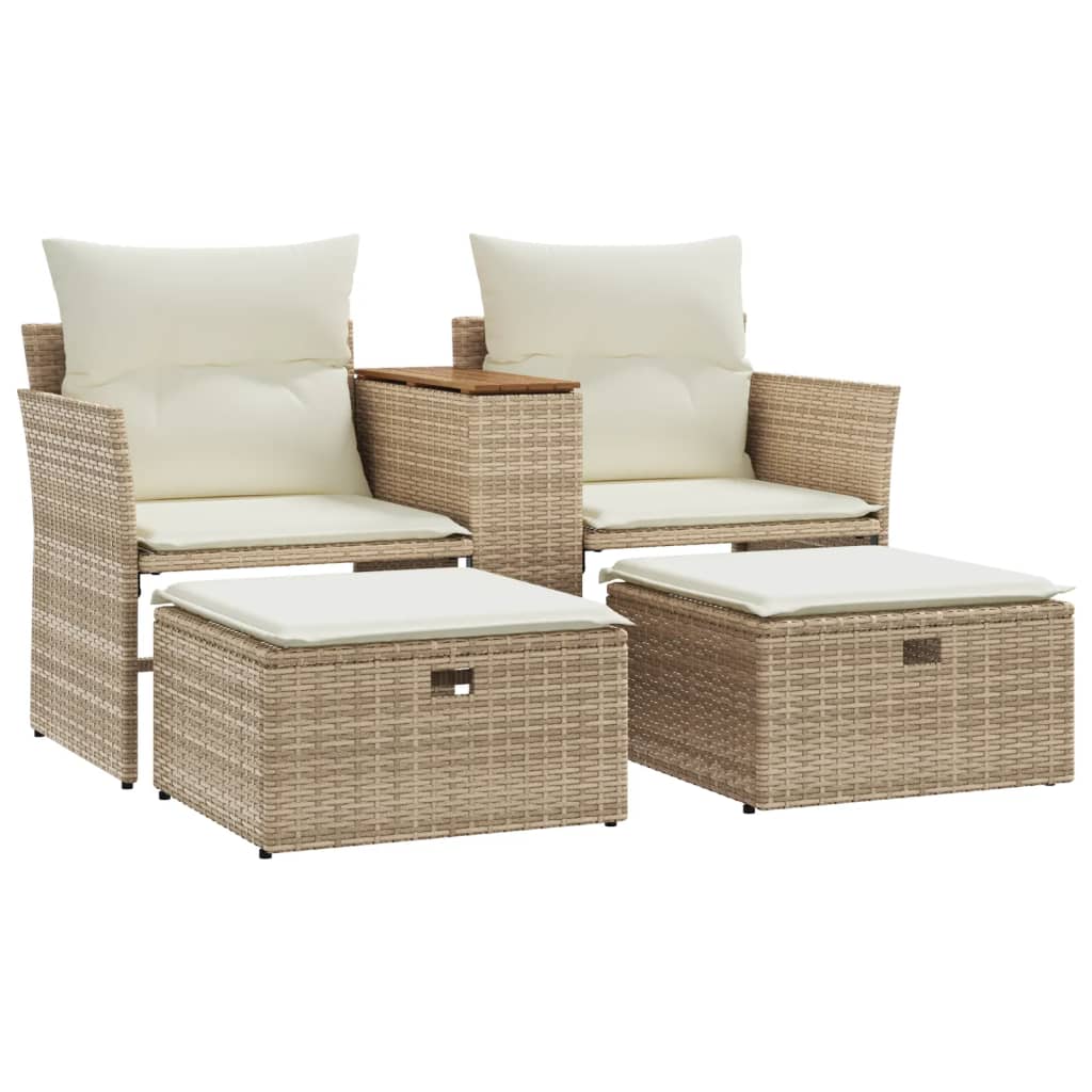 Garden Sofa 2-Seater with Stools Beige Poly Rattan