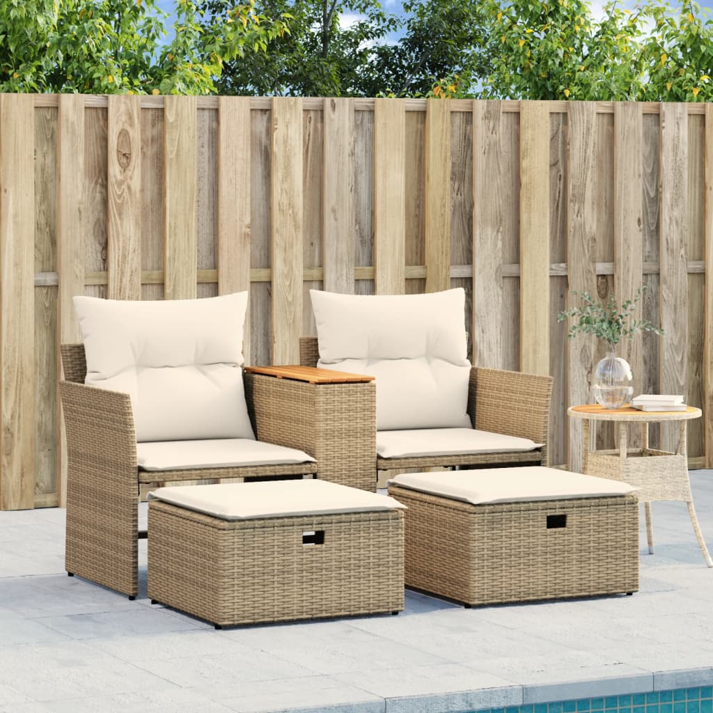 Garden Sofa 2-Seater with Stools Beige Poly Rattan