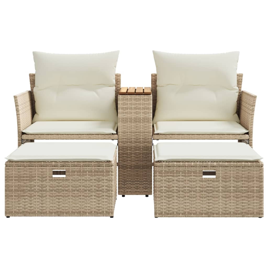 Garden Sofa 2-Seater with Stools Beige Poly Rattan