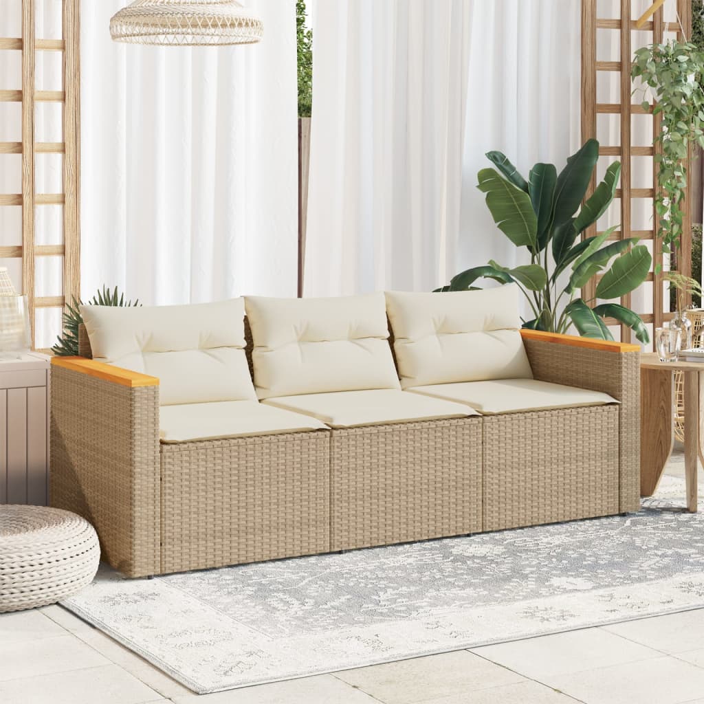 Garden Sofa with Cushions 3-Seater Beige Poly Rattan