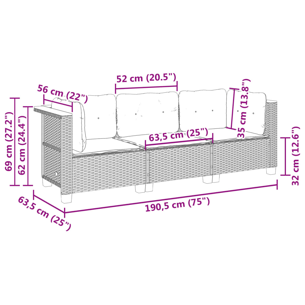 Garden Sofa with Cushions 3-Seater Grey Poly Rattan