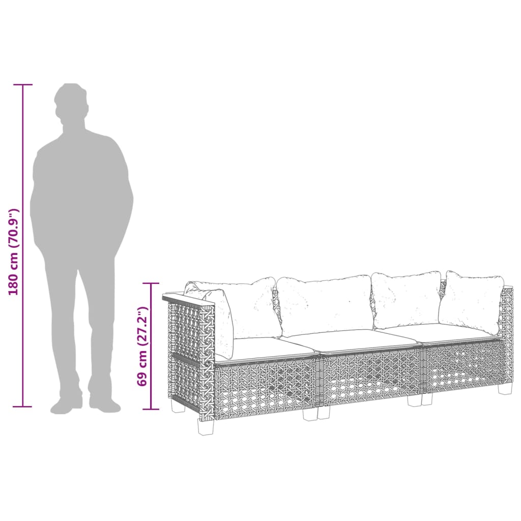 Garden Sofa with Cushions 3-Seater Black Poly Rattan