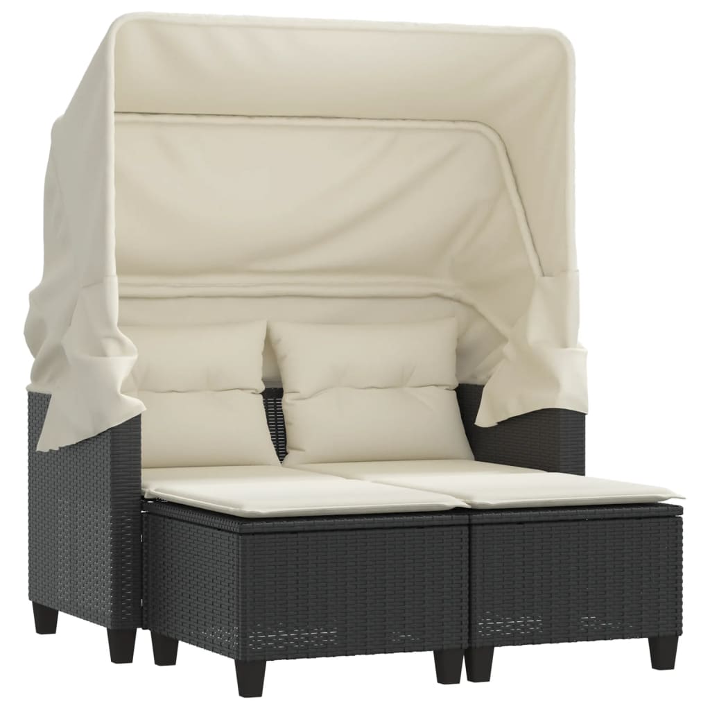 Garden Sofa 2-Seater with Roof and Stools Black Poly Rattan