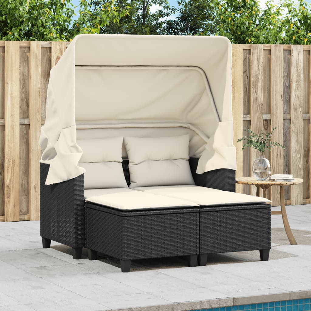 Garden Sofa 2-Seater with Roof and Stools Black Poly Rattan