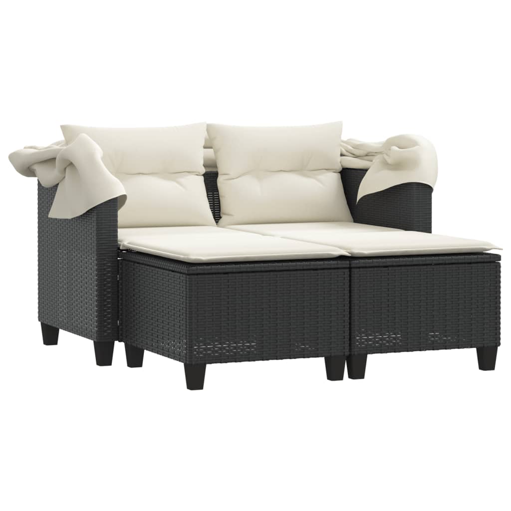 Garden Sofa 2-Seater with Roof and Stools Black Poly Rattan