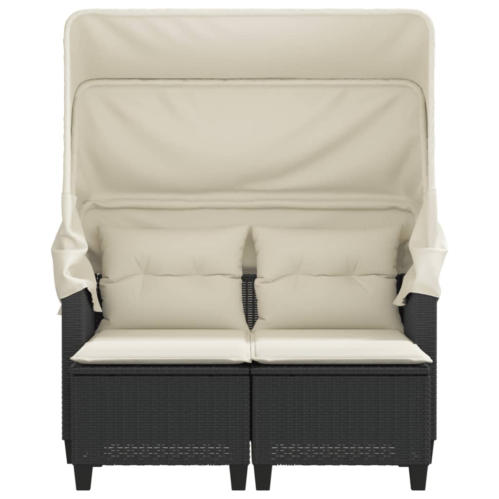 Garden Sofa 2-Seater with Roof and Stools Black Poly Rattan