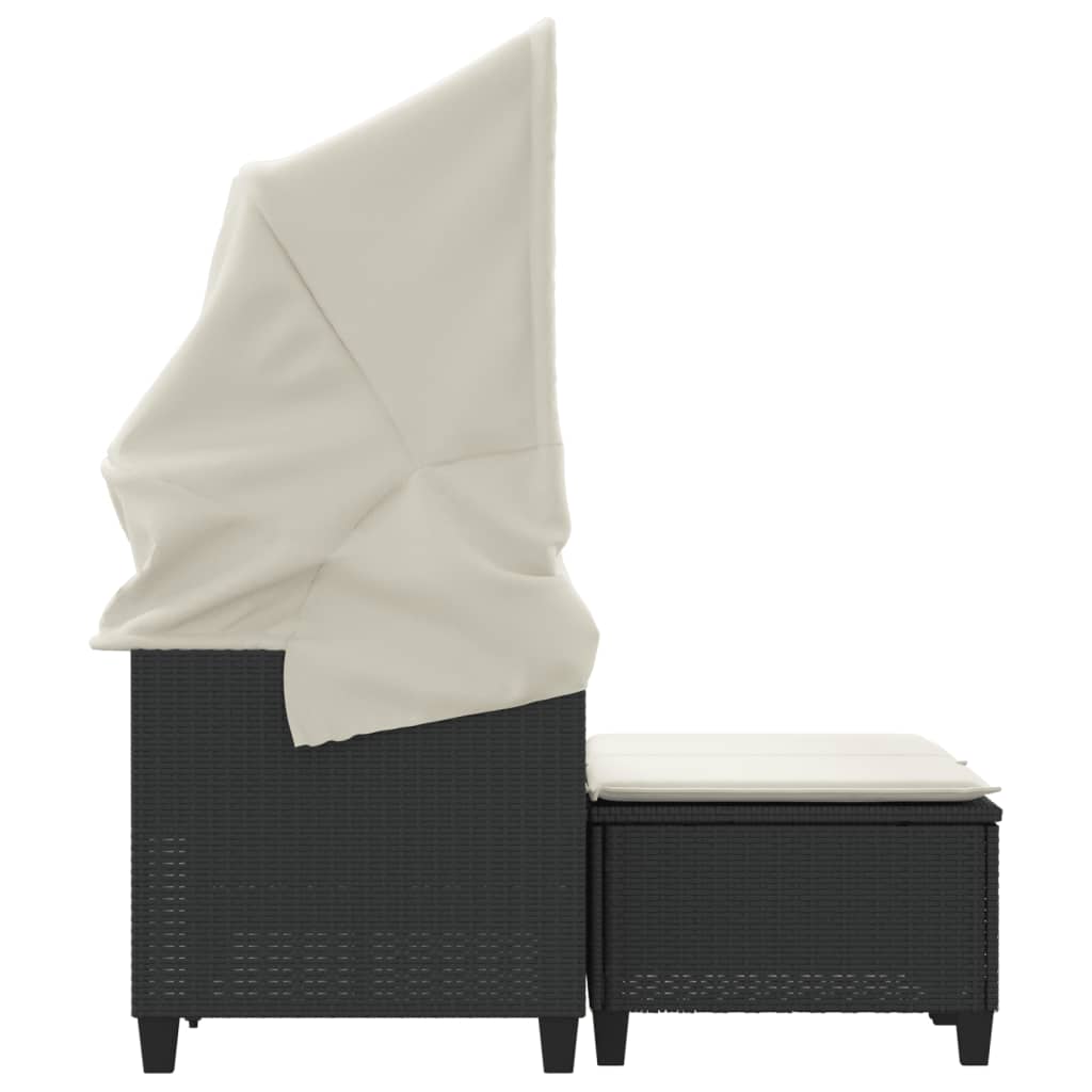 Garden Sofa 2-Seater with Roof and Stools Black Poly Rattan