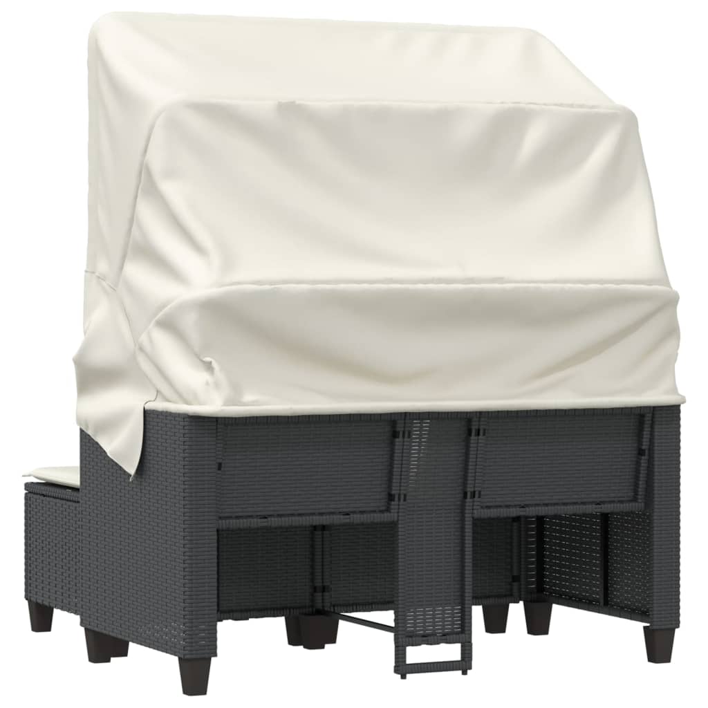 Garden Sofa 2-Seater with Roof and Stools Black Poly Rattan