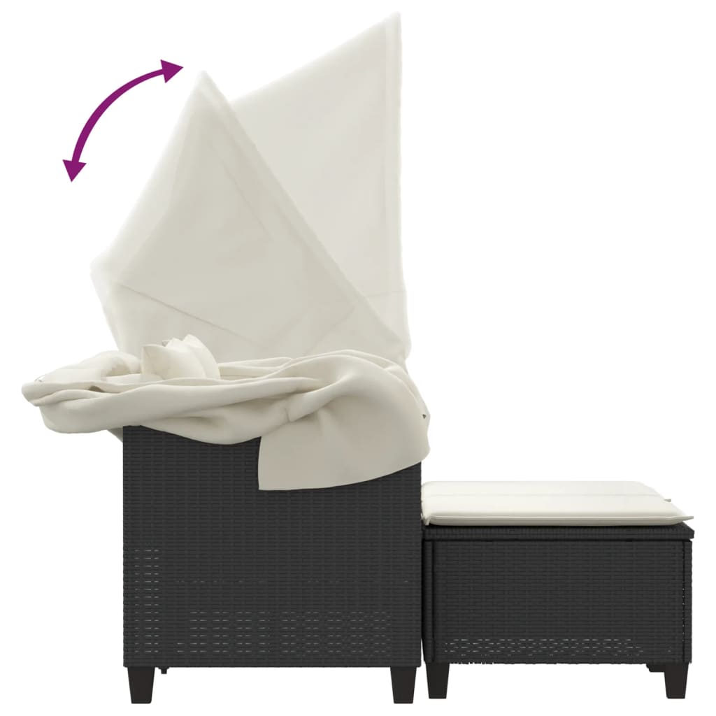 Garden Sofa 2-Seater with Roof and Stools Black Poly Rattan