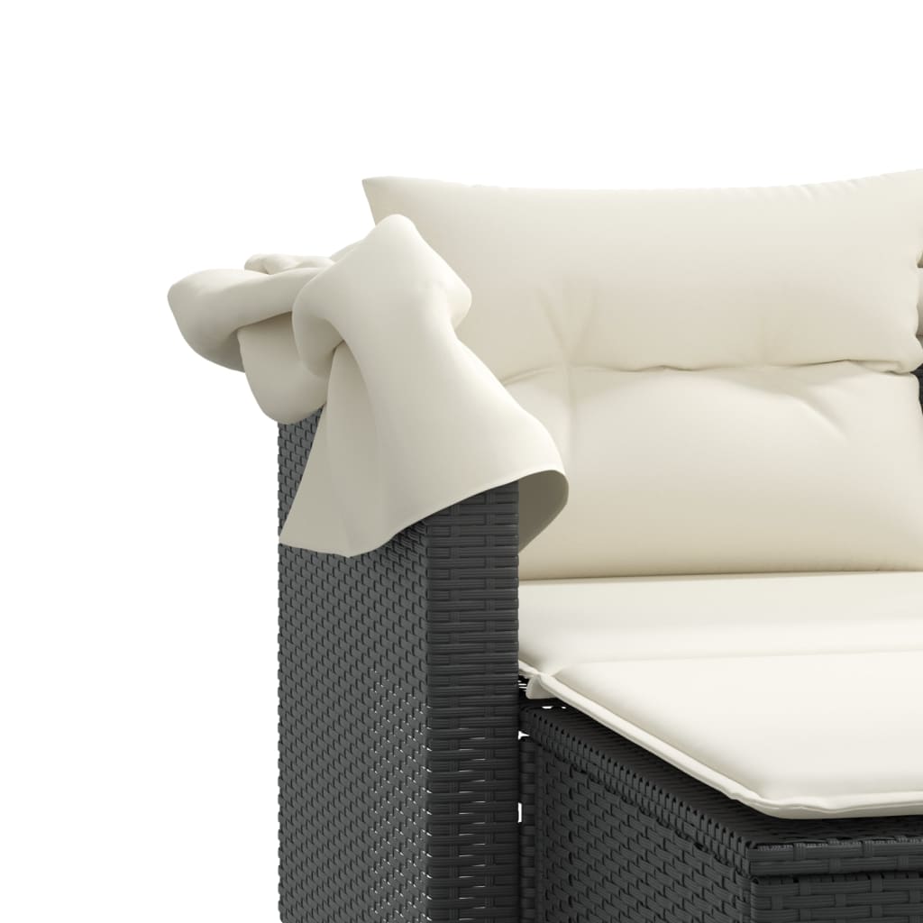 Garden Sofa 2-Seater with Roof and Stools Black Poly Rattan