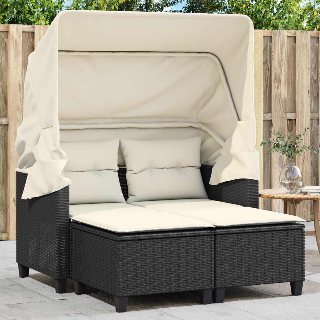 Garden Sofa 2-Seater with Roof and Stools Black Poly Rattan