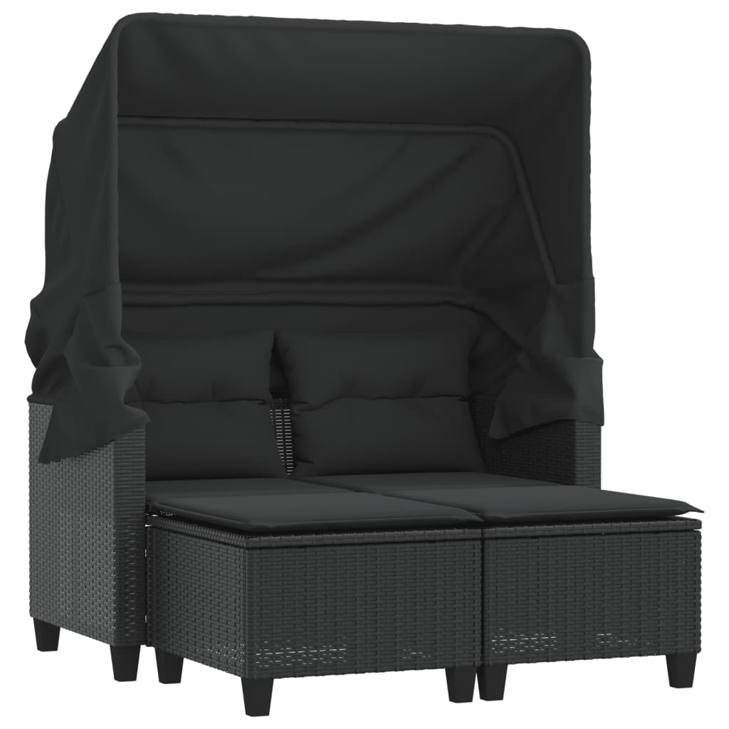 Garden Sofa 2-Seater with Roof and Stools Black Poly Rattan