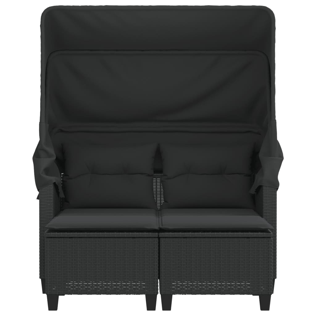 Garden Sofa 2-Seater with Roof and Stools Black Poly Rattan