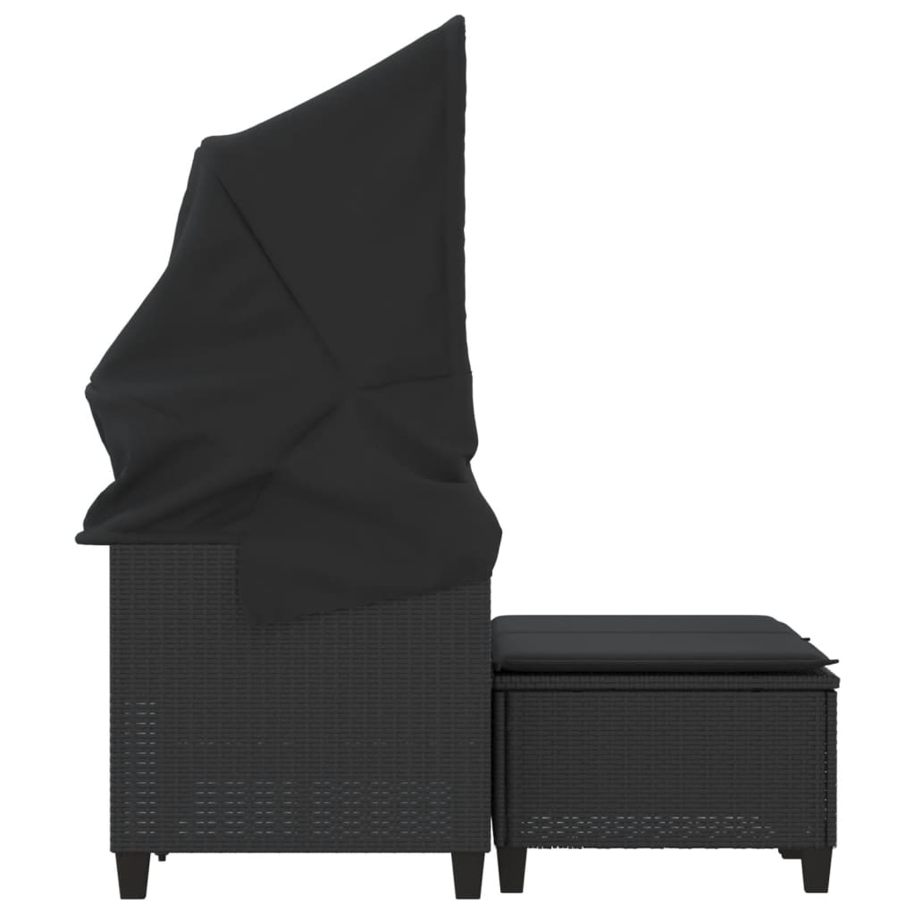 Garden Sofa 2-Seater with Roof and Stools Black Poly Rattan