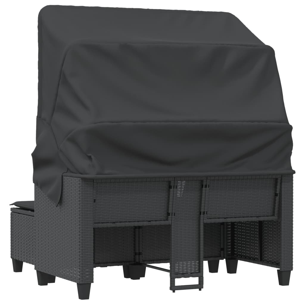 Garden Sofa 2-Seater with Roof and Stools Black Poly Rattan