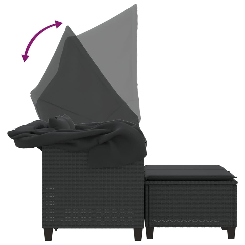 Garden Sofa 2-Seater with Roof and Stools Black Poly Rattan