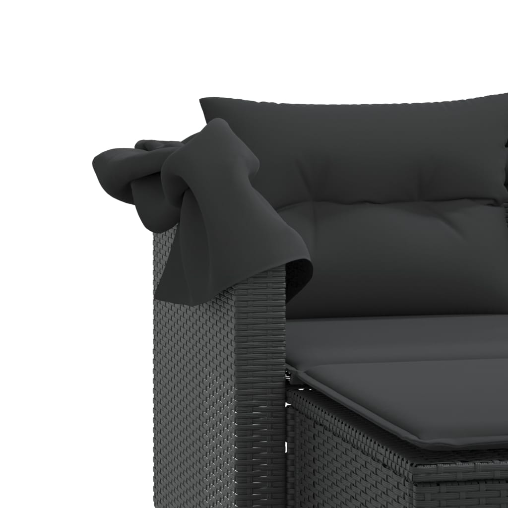 Garden Sofa 2-Seater with Roof and Stools Black Poly Rattan