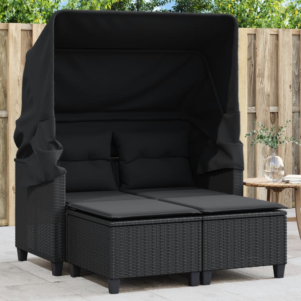 Garden Sofa 2-Seater with Roof and Stools Black Poly Rattan