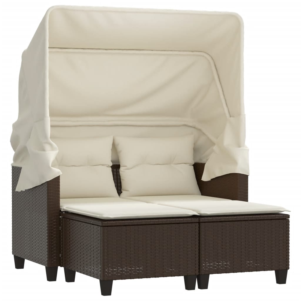 Garden Sofa 2-Seater with Roof and Stools Brown Poly Rattan