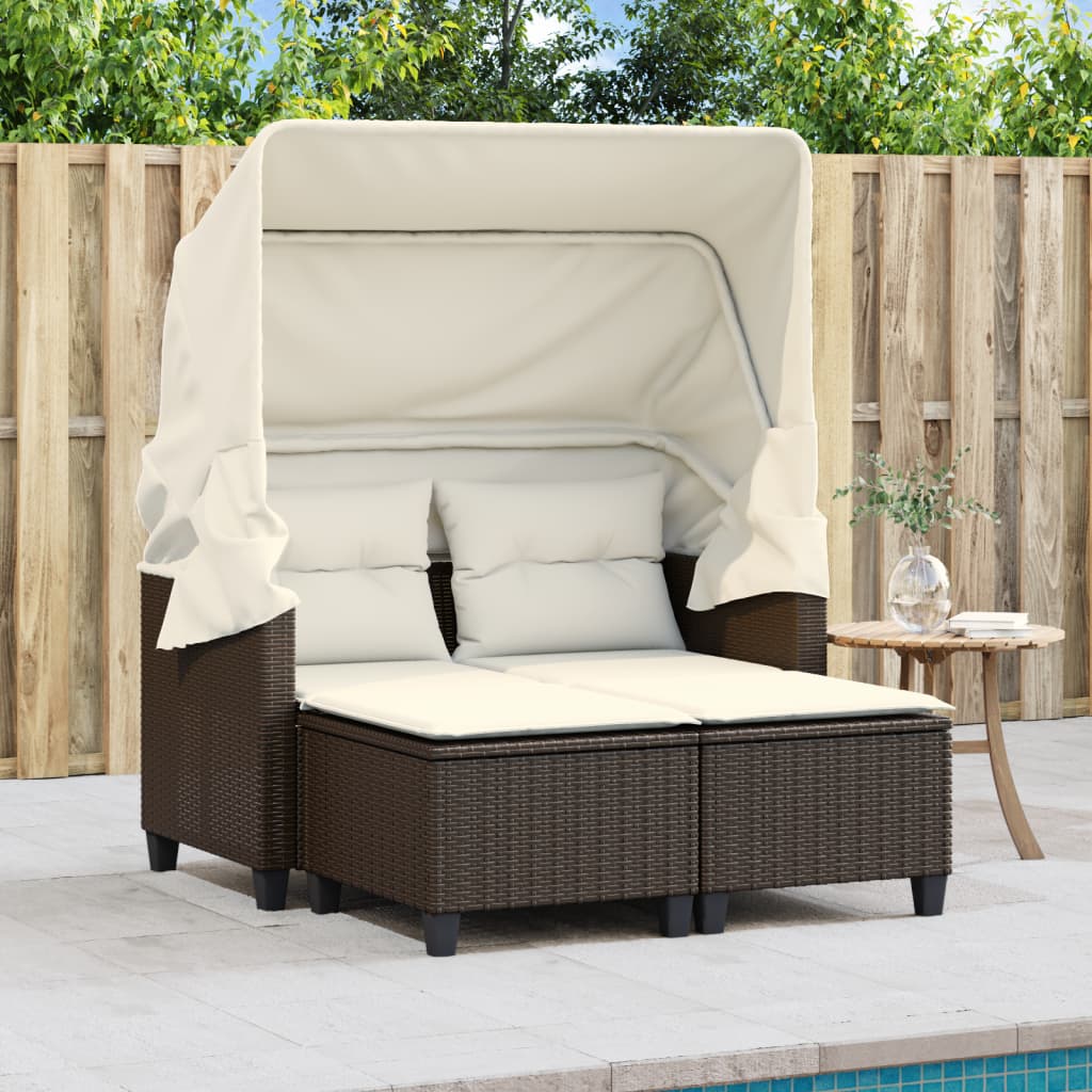 Garden Sofa 2-Seater with Roof and Stools Brown Poly Rattan