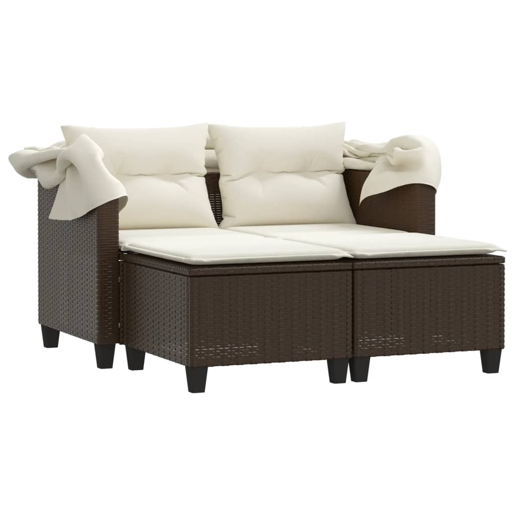 Garden Sofa 2-Seater with Roof and Stools Brown Poly Rattan