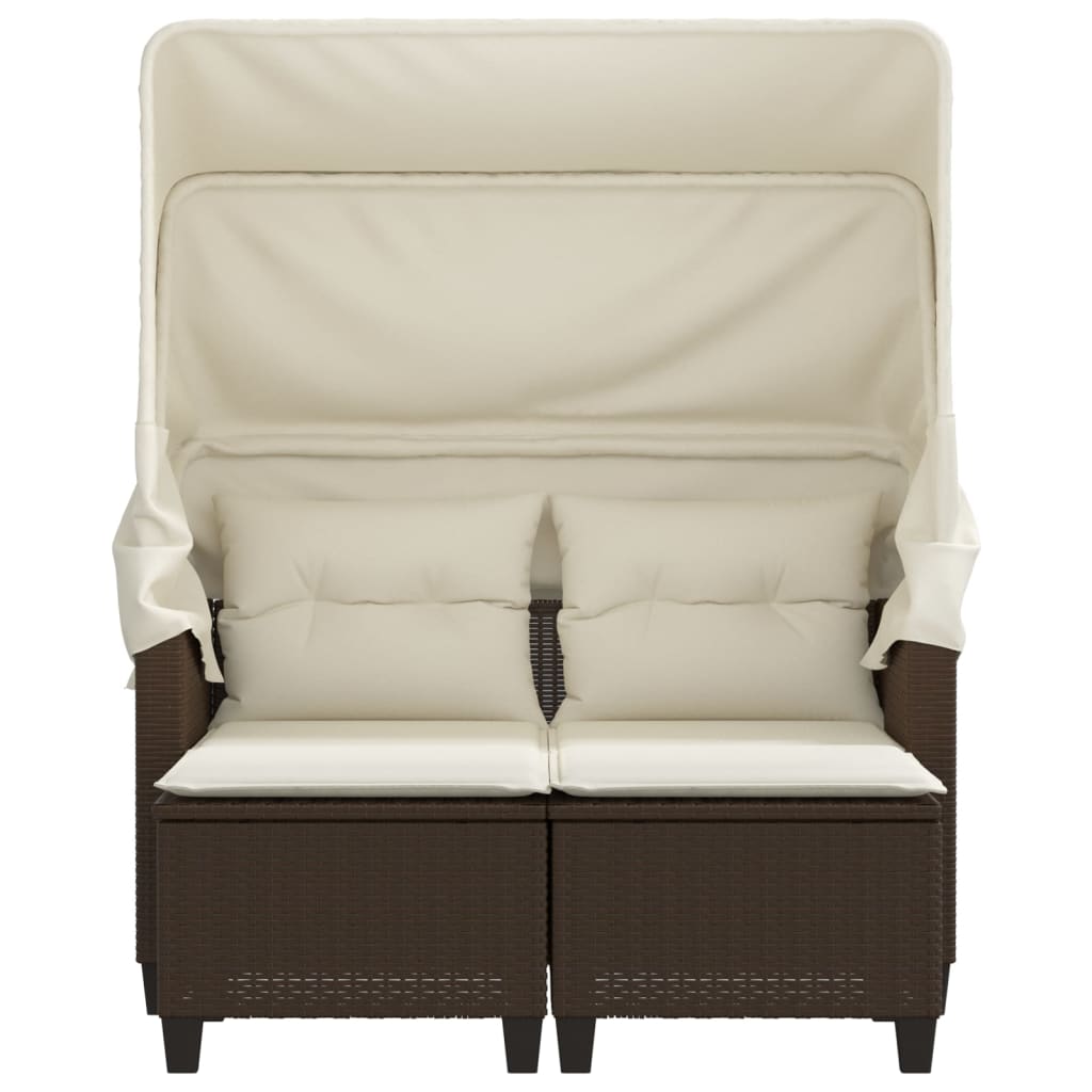 Garden Sofa 2-Seater with Roof and Stools Brown Poly Rattan