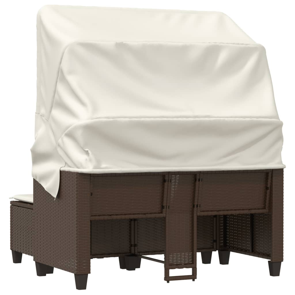 Garden Sofa 2-Seater with Roof and Stools Brown Poly Rattan