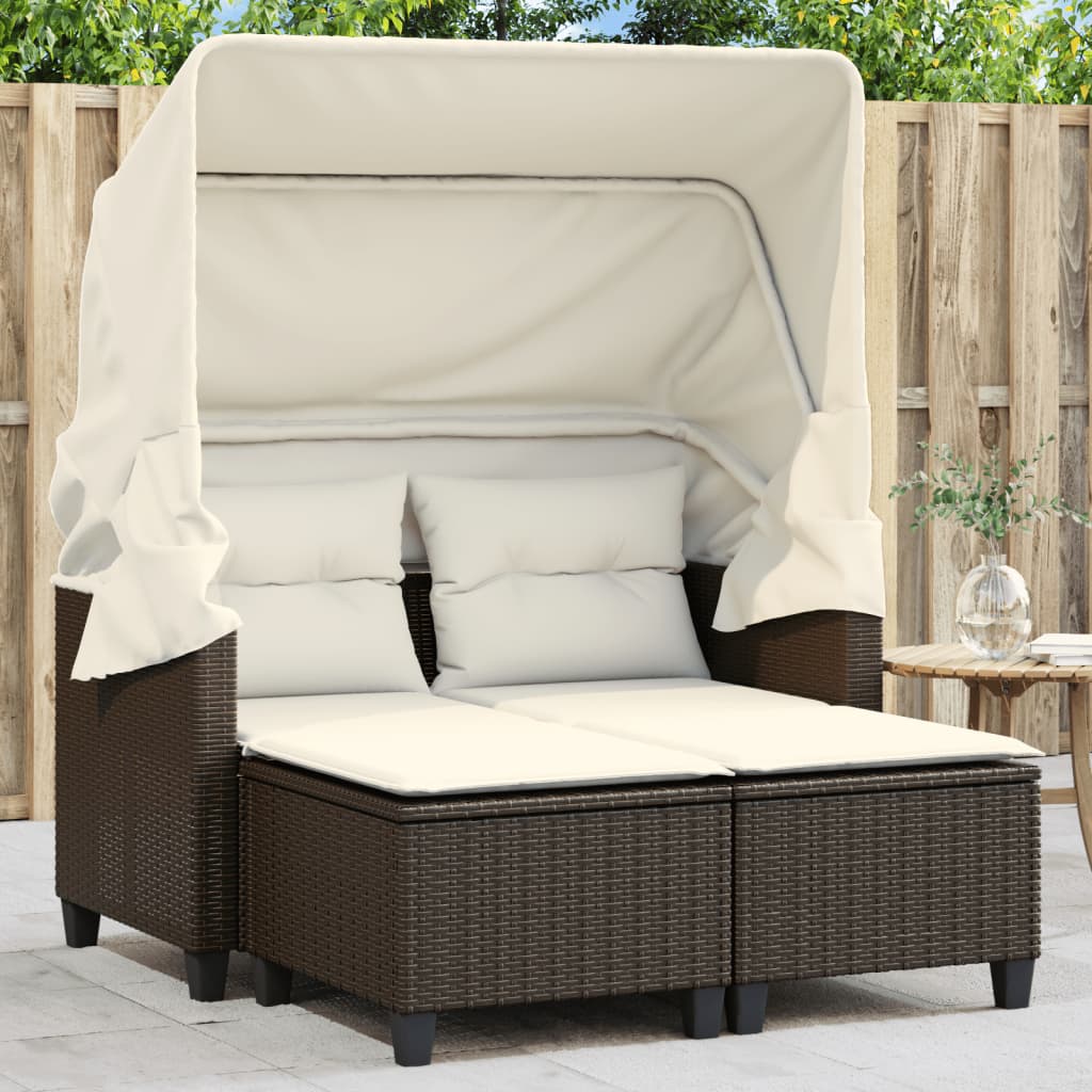 Garden Sofa 2-Seater with Roof and Stools Brown Poly Rattan