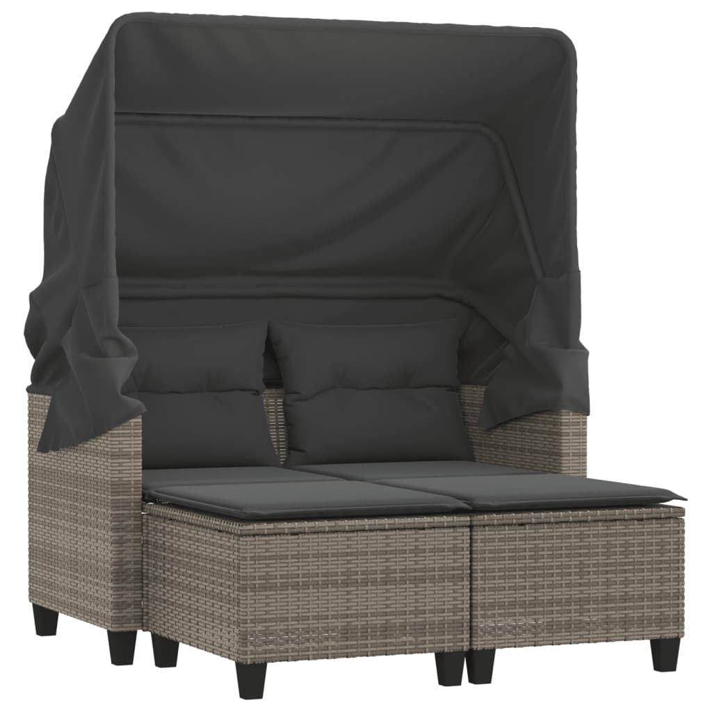 Garden Sofa 2-Seater with Roof and Stools Grey Poly Rattan