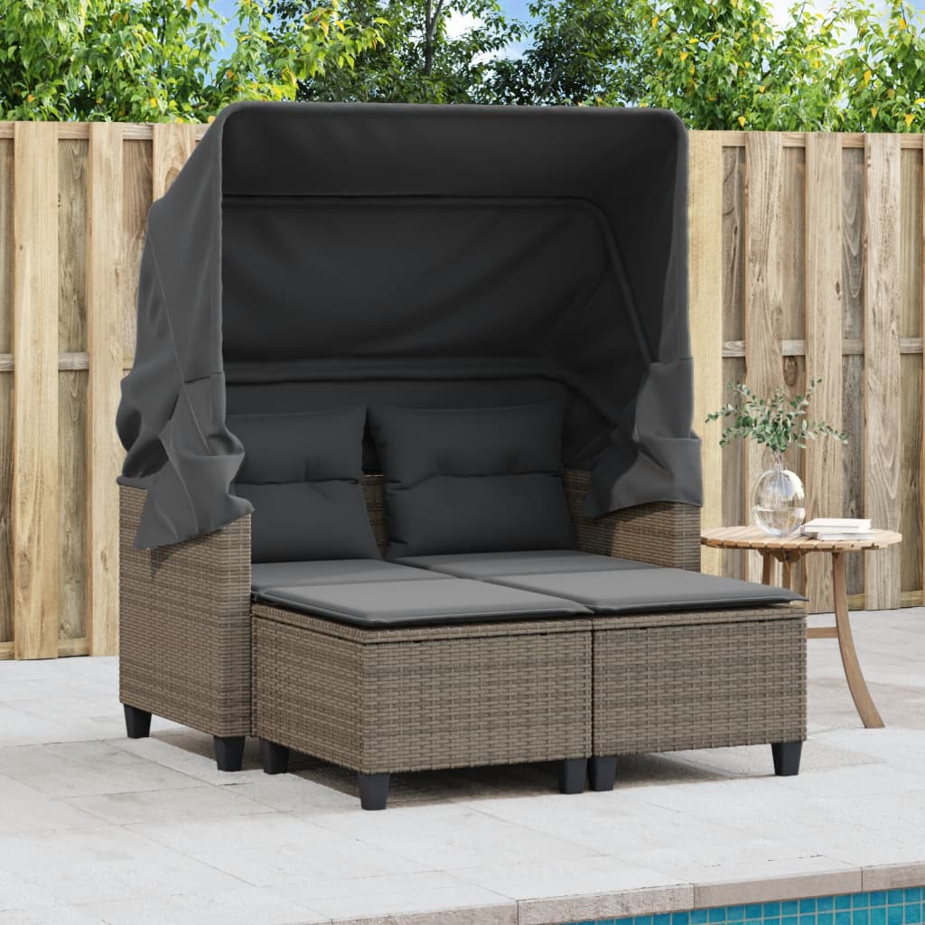 Garden Sofa 2-Seater with Roof and Stools Grey Poly Rattan