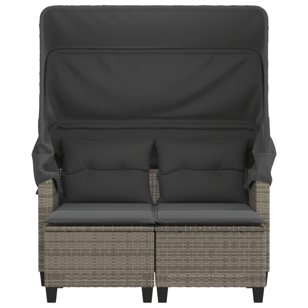 Garden Sofa 2-Seater with Roof and Stools Grey Poly Rattan