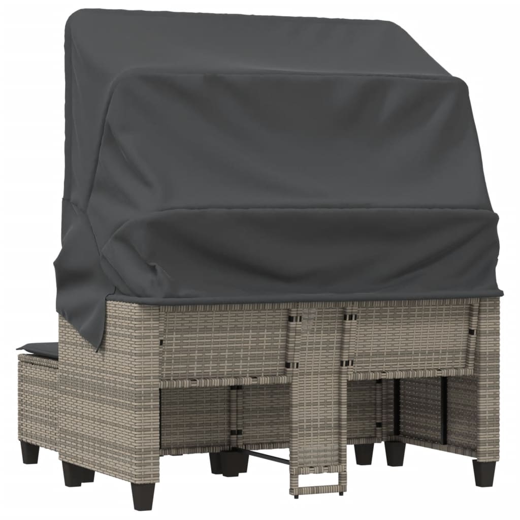 Garden Sofa 2-Seater with Roof and Stools Grey Poly Rattan