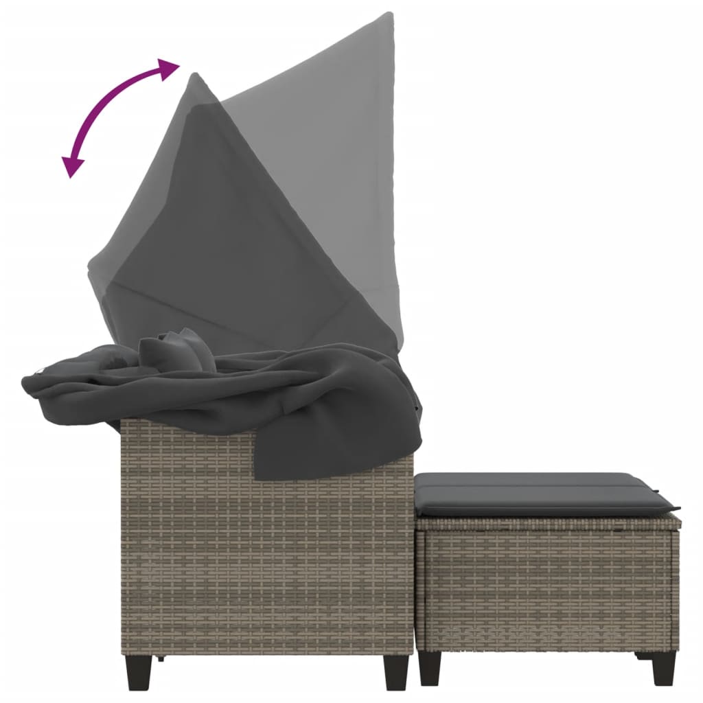 Garden Sofa 2-Seater with Roof and Stools Grey Poly Rattan