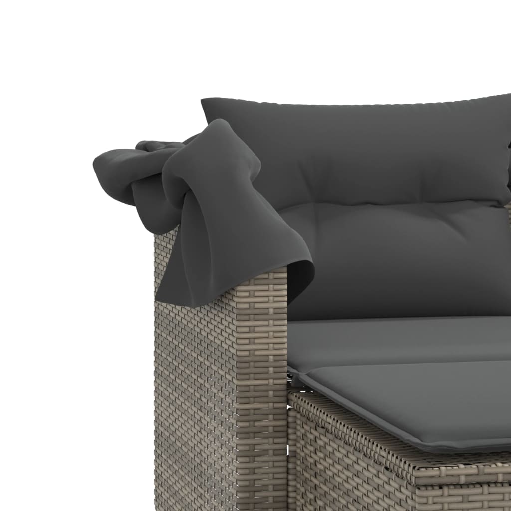Garden Sofa 2-Seater with Roof and Stools Grey Poly Rattan