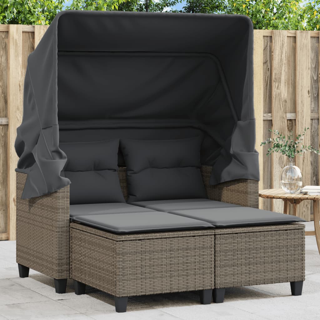 Garden Sofa 2-Seater with Roof and Stools Grey Poly Rattan