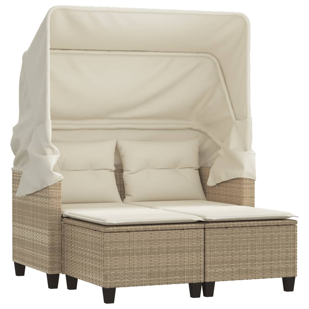 Garden Sofa 2-Seater with Roof and Stools Beige Poly Rattan