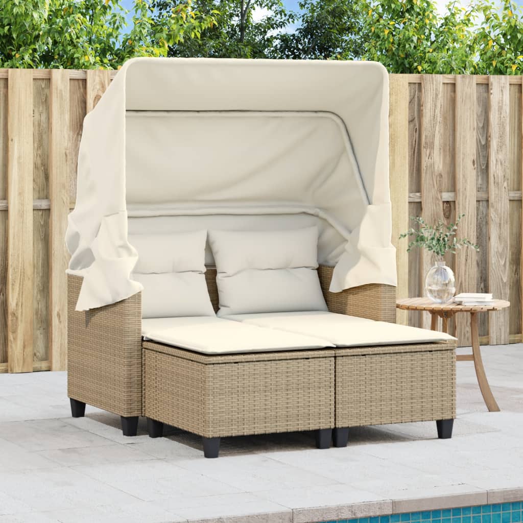 Garden Sofa 2-Seater with Roof and Stools Beige Poly Rattan