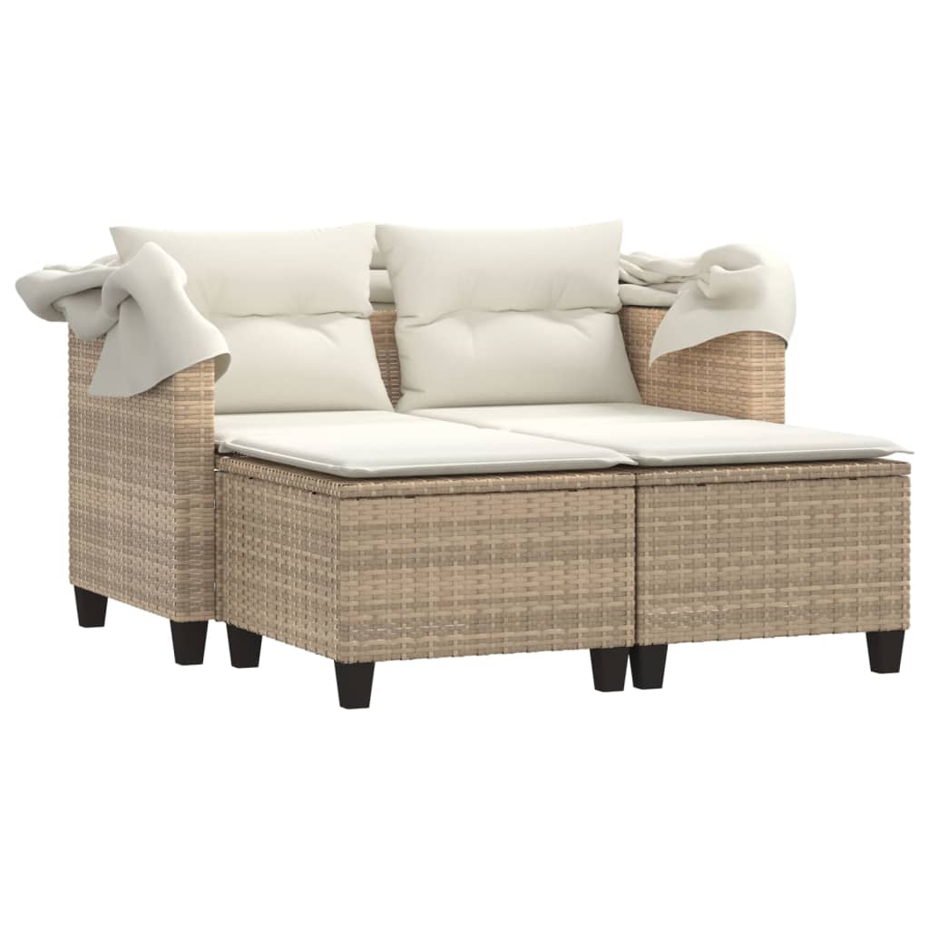 Garden Sofa 2-Seater with Roof and Stools Beige Poly Rattan