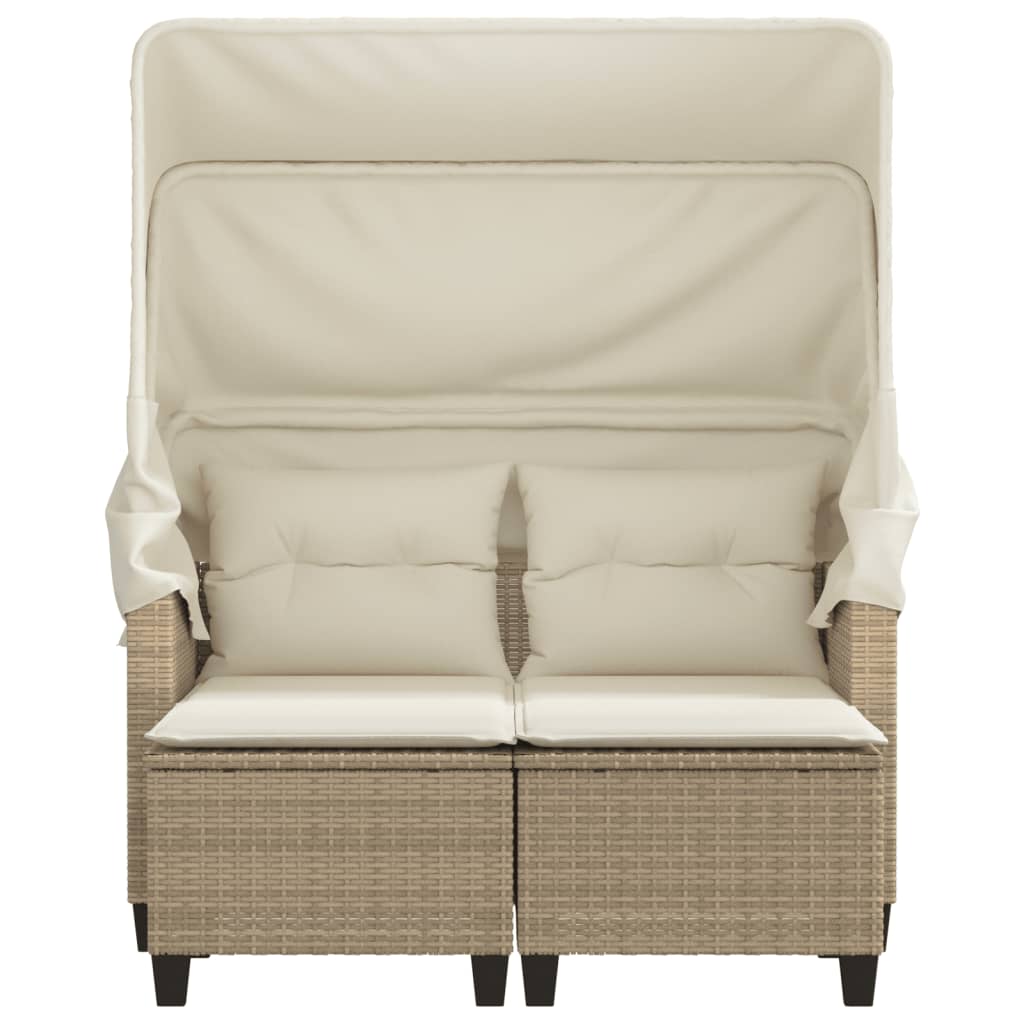 Garden Sofa 2-Seater with Roof and Stools Beige Poly Rattan