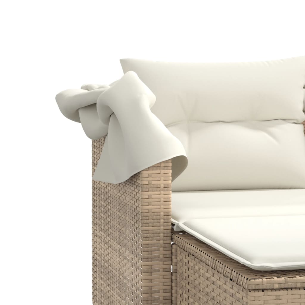 Garden Sofa 2-Seater with Roof and Stools Beige Poly Rattan