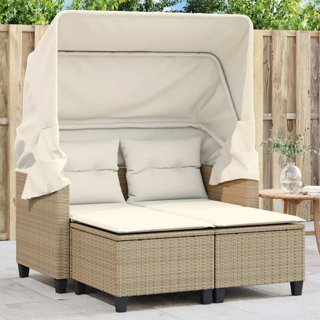 Garden Sofa 2-Seater with Roof and Stools Beige Poly Rattan