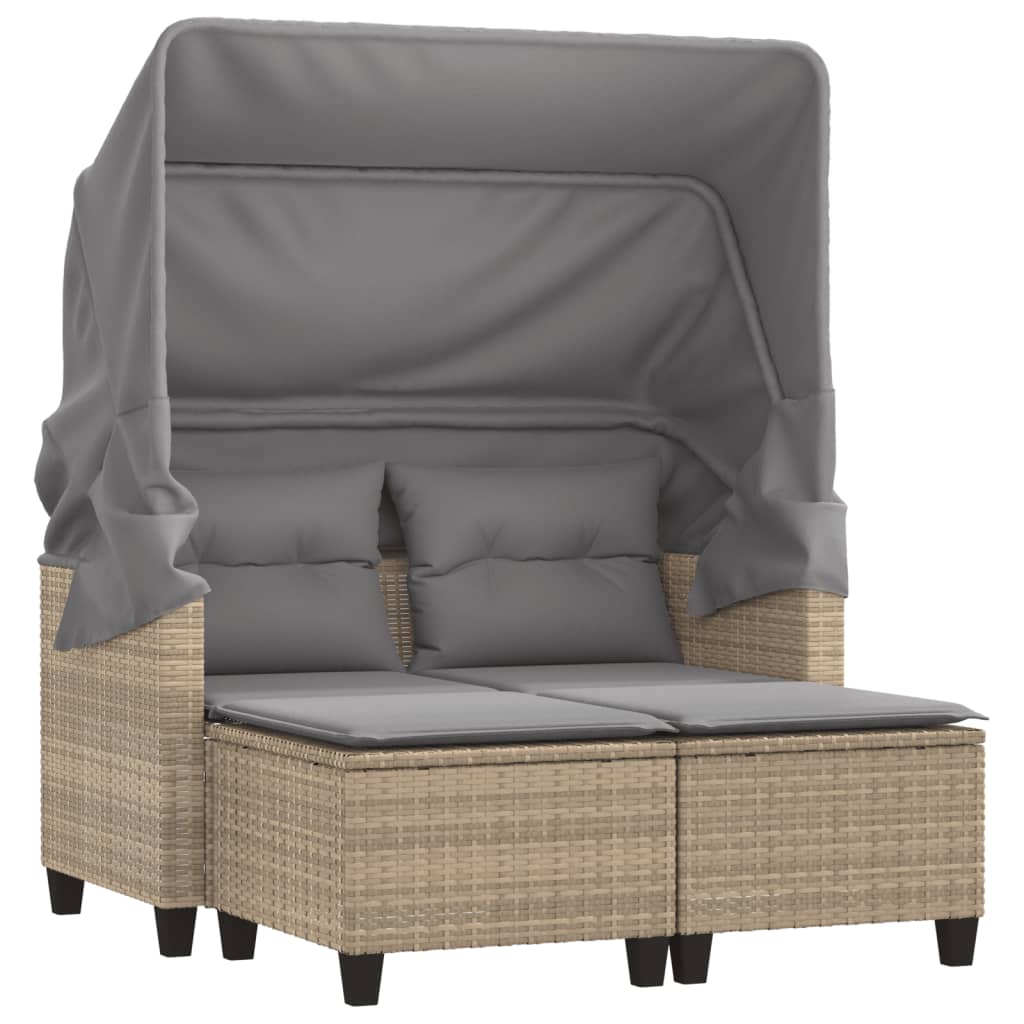 Garden Sofa 2-Seater with Roof and Stools Beige Poly Rattan