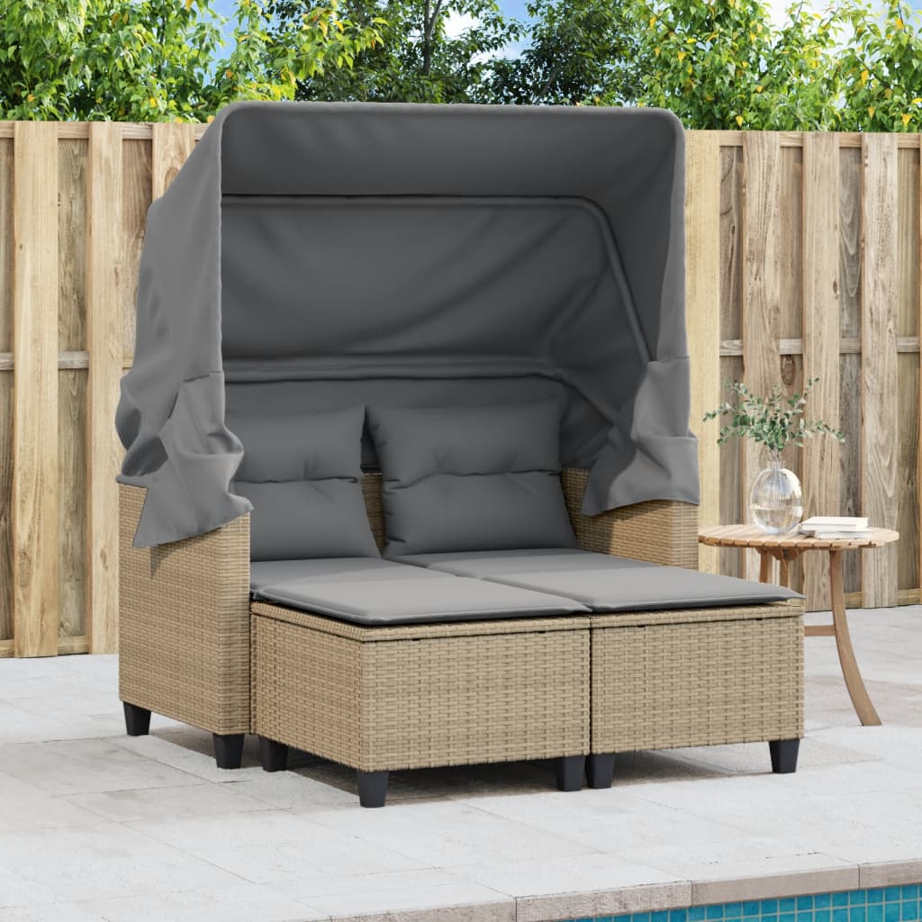 Garden Sofa 2-Seater with Roof and Stools Beige Poly Rattan