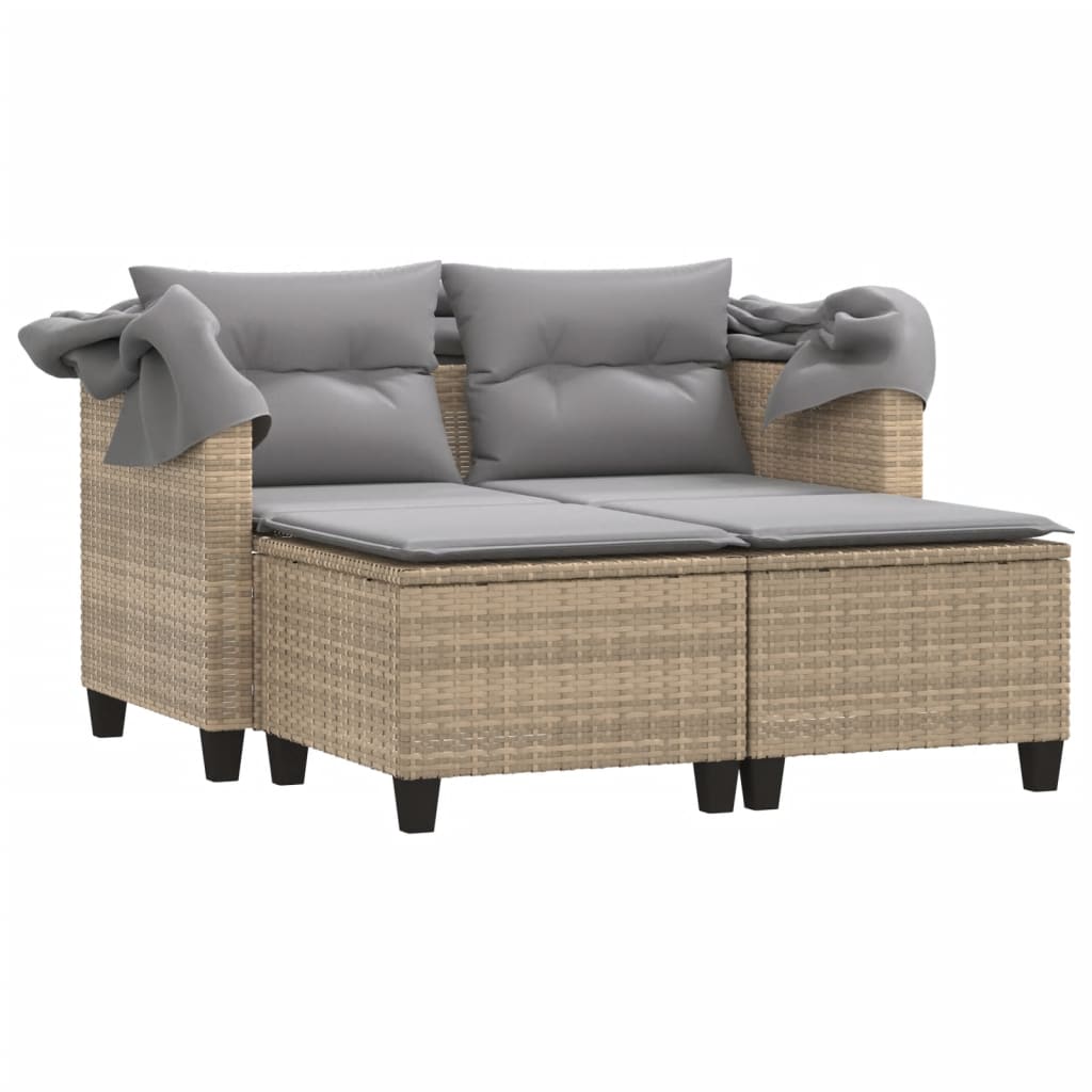 Garden Sofa 2-Seater with Roof and Stools Beige Poly Rattan