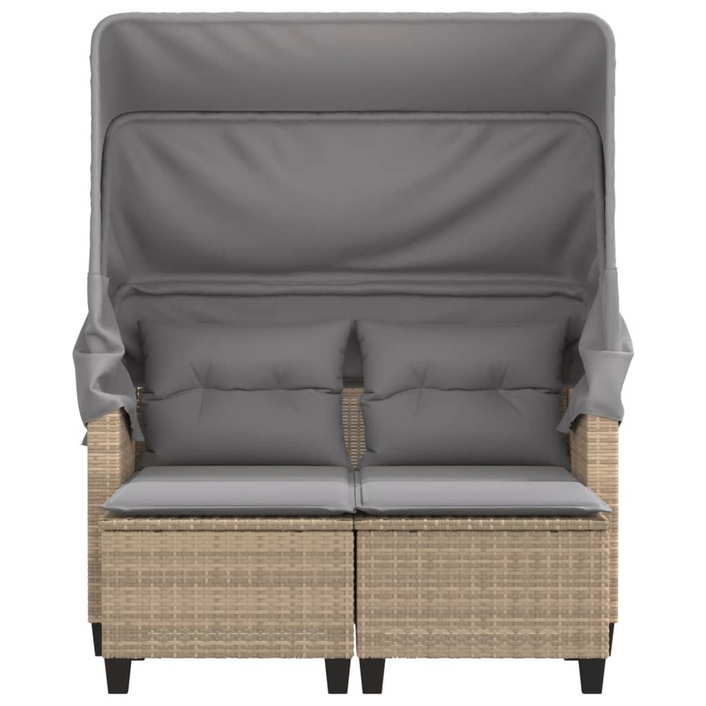 Garden Sofa 2-Seater with Roof and Stools Beige Poly Rattan