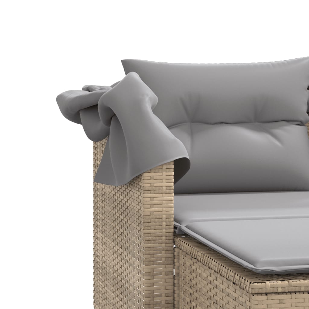 Garden Sofa 2-Seater with Roof and Stools Beige Poly Rattan