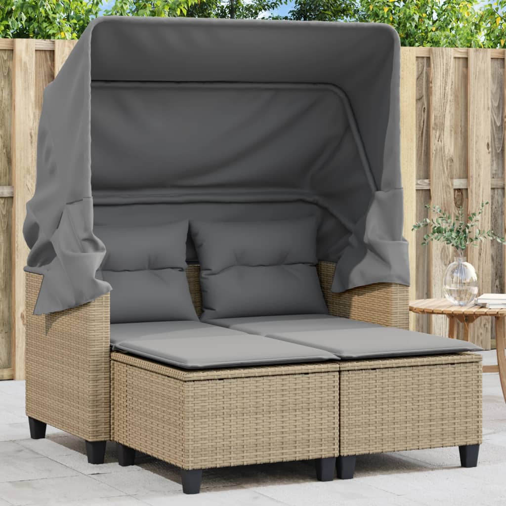 Garden Sofa 2-Seater with Roof and Stools Beige Poly Rattan