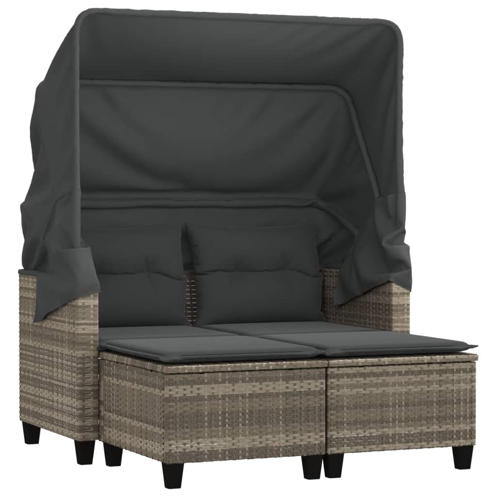 Garden Sofa 2-Seater with Roof and Stools Light Grey Poly Rattan